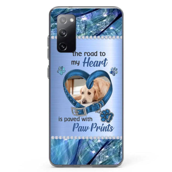 Custom Personalized Memorial Dog Collar Phone Case - Upload Photo - Memorial Gift Idea For Dog Owner - The Road To My Heart Is Paved With Paw Prints - Case for iPhone/ Samsung