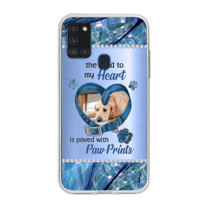 Custom Personalized Memorial Dog Collar Phone Case - Upload Photo - Memorial Gift Idea For Dog Owner - The Road To My Heart Is Paved With Paw Prints - Case for iPhone/ Samsung