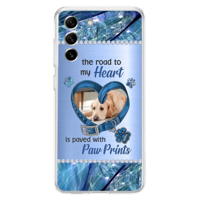 Custom Personalized Memorial Dog Collar Phone Case - Upload Photo - Memorial Gift Idea For Dog Owner - The Road To My Heart Is Paved With Paw Prints - Case for iPhone/ Samsung