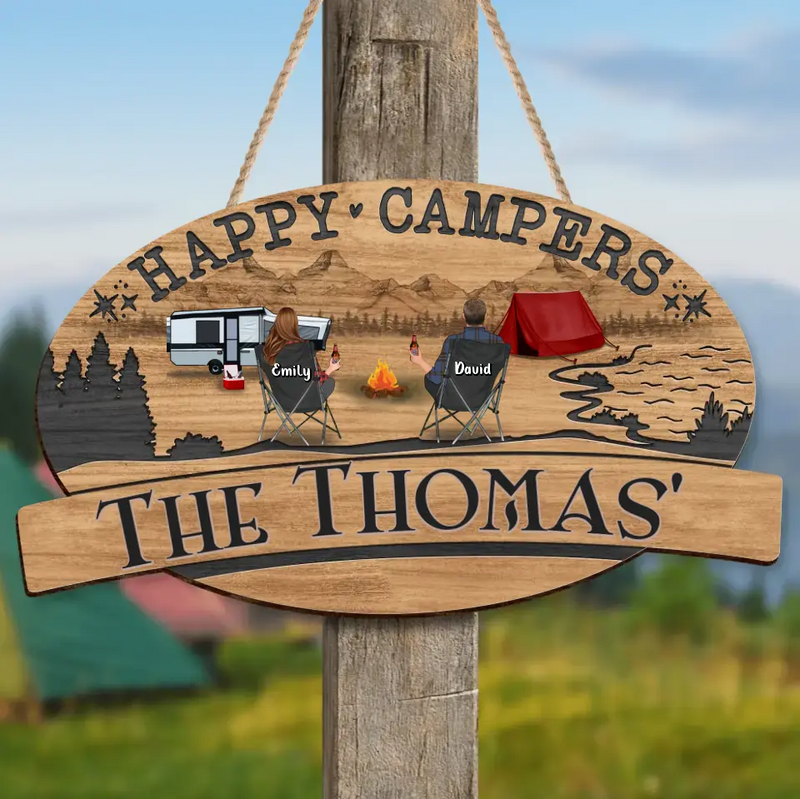 Personalized Camping Couple Wooden Sign - Gift Idea For Camping Lover/Couple - Couple/Parents With Up to 2 Kids And 2 Pets - Happy Campers