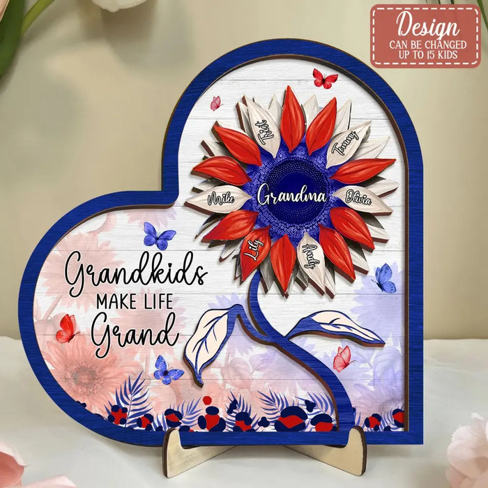 Custom Personalized Mom Grandma 2 Layered Wooden Art - Upto 15 Kids - 4th Of July Gift Idea For Grandma - Grandkids Make Life Grand