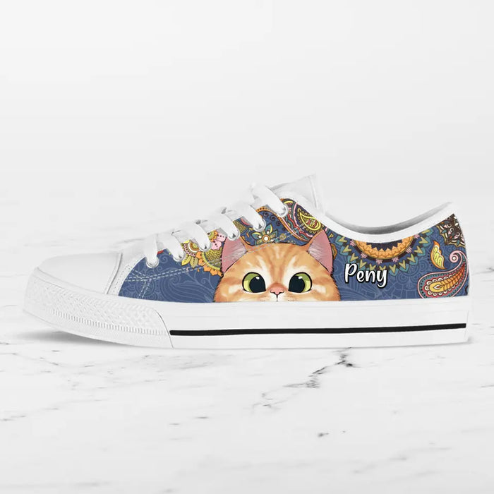 Custom Personalized Mandala Cat Low Top Sneakers - Gift For Cat Lovers