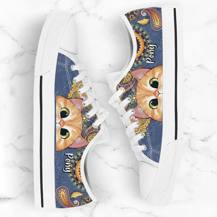 Custom Personalized Mandala Cat Low Top Sneakers - Gift For Cat Lovers