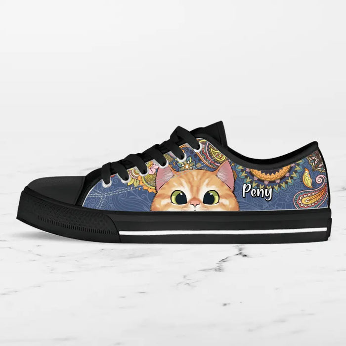 Custom Personalized Mandala Cat Low Top Sneakers - Gift For Cat Lovers