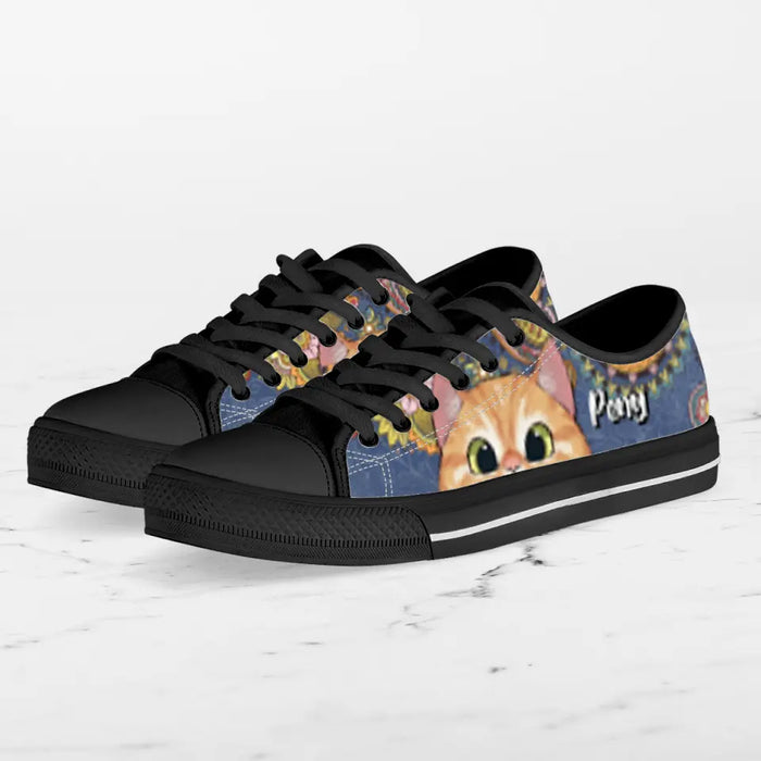 Custom Personalized Mandala Cat Low Top Sneakers - Gift For Cat Lovers