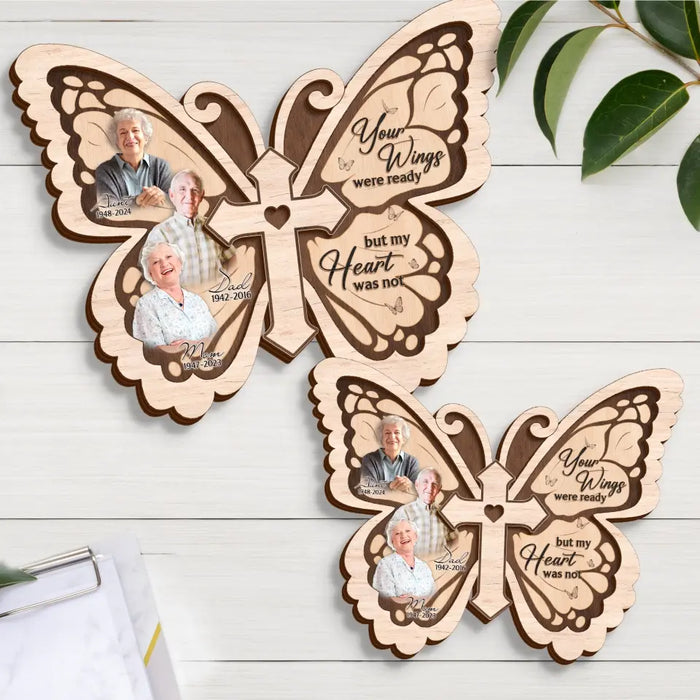 Custom Personalized Butterfly 2 Layered Wooden Art - Upload Up to 5 People - Memorial Gift Idea For Family Member - Your Wings Were Ready But My Heart Was Not