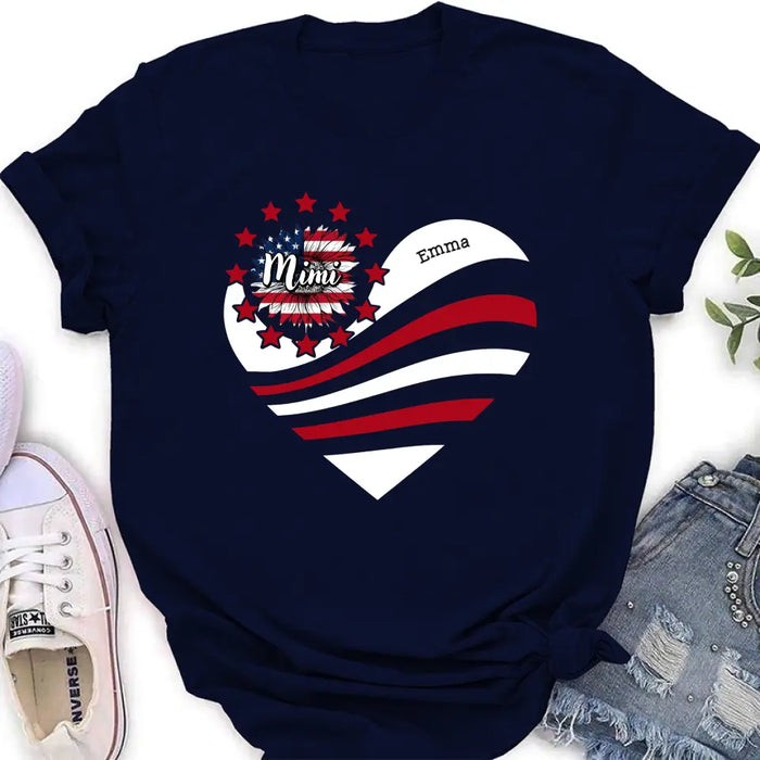 Custom Personalized Grandma With Grandkids Sunflower American Flag T-Shirt/ Hoodie - Upto 10 Kids - Gift Idea For Grandma/ Mom/ Independence Day/ 4th Of July