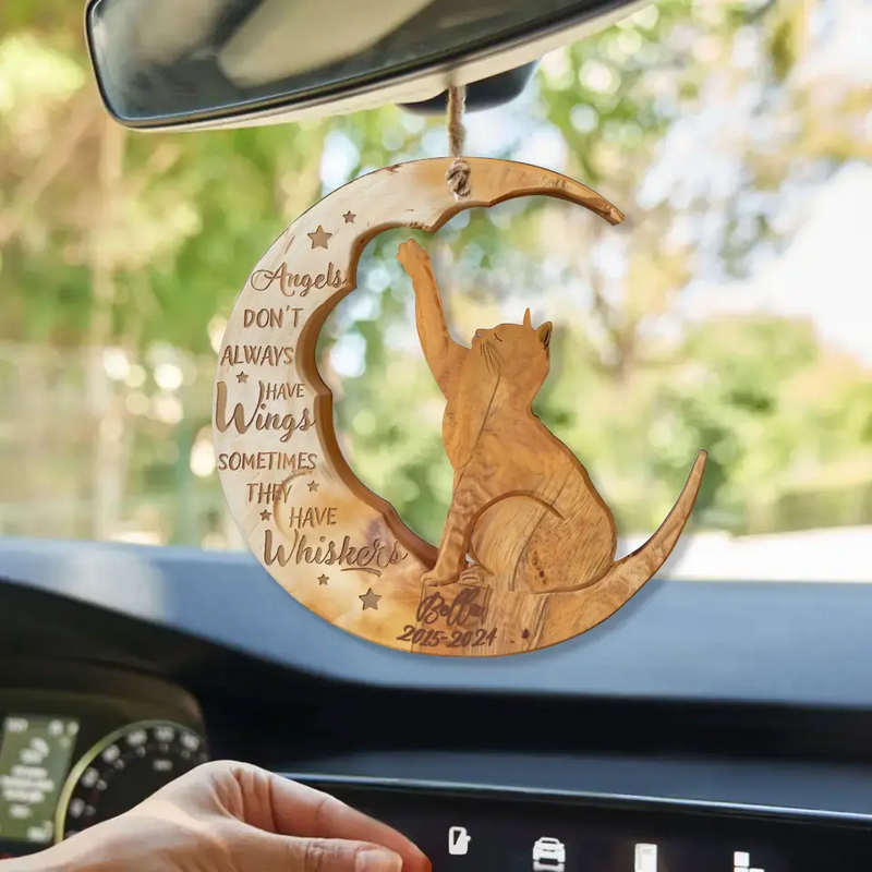 Personalized Cat Moon Wooden Ornament - Memorial Gift Idea for Cat Lover - Angels Don't Always Have Wings Sometimes They Have Whiskers