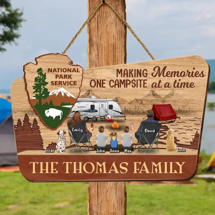 Custom Personalized Camping Wooden Sign - Couple/ Parents With Upto 3 Kids And 3 Pets - Gift Idea For Family/ Camping/ Dog/ Cat Lover - Making Memories One Campsite At A Time