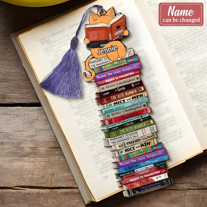 Custom Personalized Cat Reads Books Wooden Bookmark - Gift Idea For Book Lover