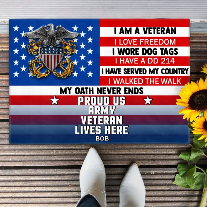 Custom Personalized Military Doormat - Gift Idea For Veteran - I Am A Veteran I Love Freedom Proud Us Army Veteran Lives Here