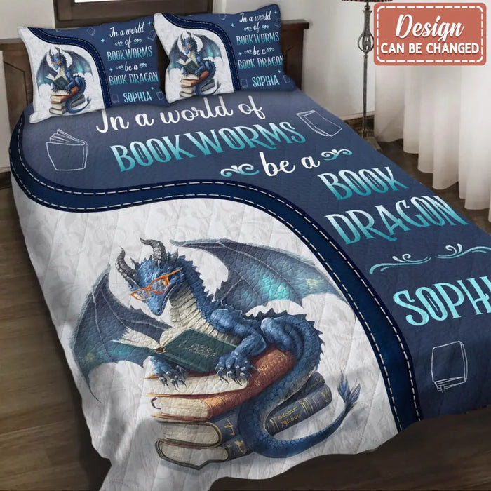 Custom Personalized Book Dragon Quilt Bed Sets - Gift Idea For Book Lover - In A World Of Book Worms Be A Book Dragon