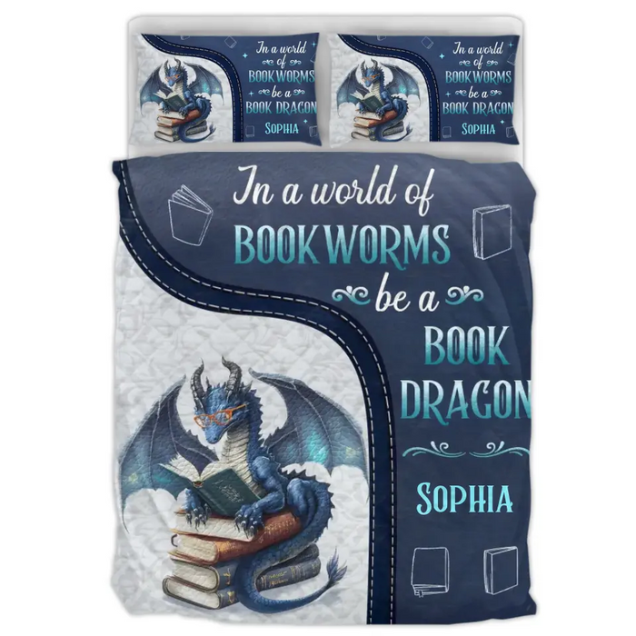 Custom Personalized Book Dragon Quilt Bed Sets - Gift Idea For Book Lover - In A World Of Book Worms Be A Book Dragon