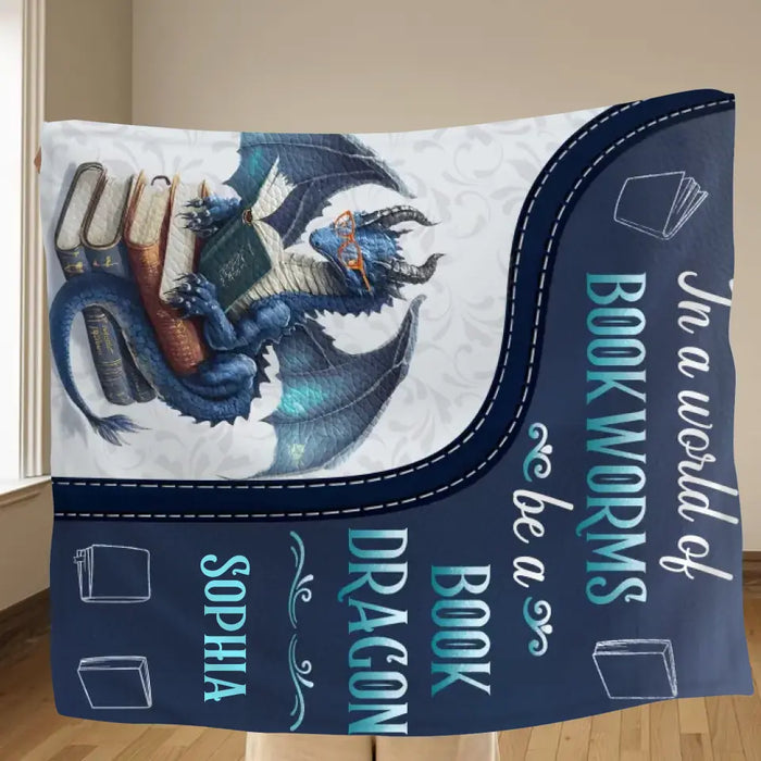 Custom Personalized Book Dragon Quilt/ Fleece Throw Blanket - Gift Idea For Book Lover - In A World Of Book Worms Be A Book Dragon