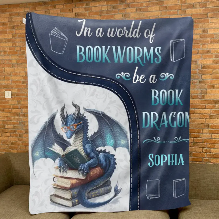 Custom Personalized Book Dragon Quilt/ Fleece Throw Blanket - Gift Idea For Book Lover - In A World Of Book Worms Be A Book Dragon