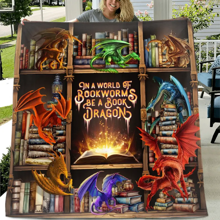 Custom Personalized Reading Girl Quilt/Fleece Throw Blanket - Gift Idea For Book Lover - In A World Of Bookworms Be A Book Dragon