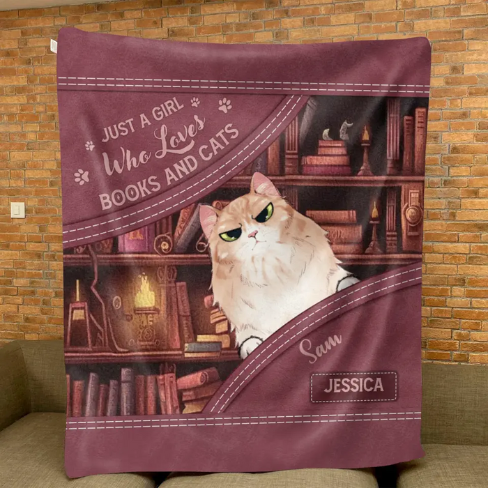 Custom Personalized Books And Cats Quilt/Fleece Throw Blanket - Gift Idea For Book Lover - Just A Girl Who Loves Books And Cats