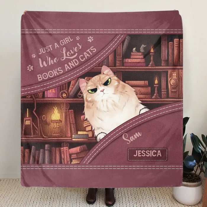 Custom Personalized Books And Cats Quilt/Fleece Throw Blanket - Gift Idea For Book Lover - Just A Girl Who Loves Books And Cats