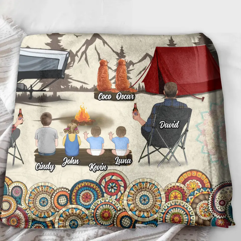 Personalized Floral Retro Vintage Camping Quilt/Fleece Throw Blanket - Gift Idea For Family/Camping Lover - Parents/Single Parent With Up to 4 Kids, 4 Pets - Making Memories One Campsite At A Time