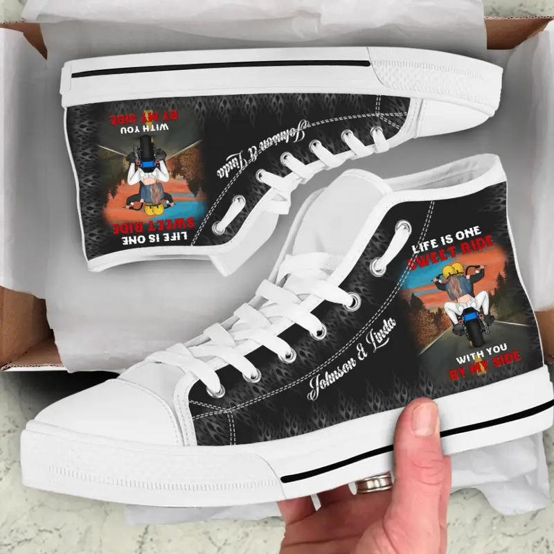 Personalized Riding Couple High Top Canvas Shoes - Gift For Couple/Husband & Wife/Motorcycle Lovers - Life Is One Sweet Ride With You By My Side