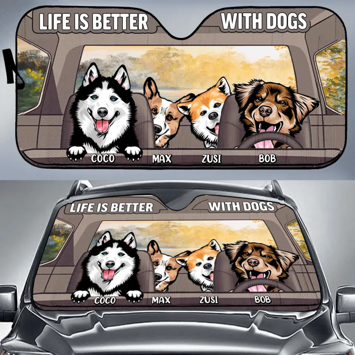 Custom Personalized Dog Car Sunshade - Upto 4 Dogs - Gift Idea For Dog Lover - Life Is Better With Dogs