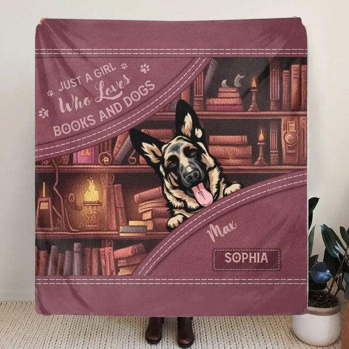 Custom Personalized Dogs Fleece Throw Blanket/ Quilt Blanket - Gift Idea For Dog Lovers - Just A Girl Who Loves Books And Dogs