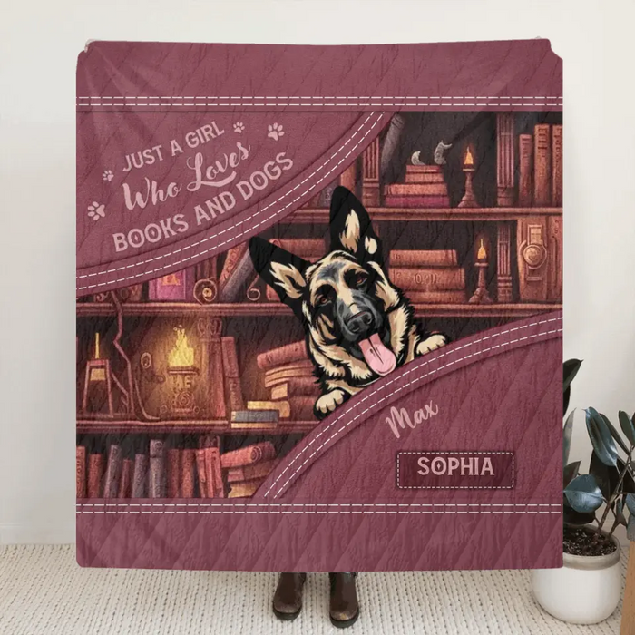 Custom Personalized Dogs Fleece Throw Blanket/ Quilt Blanket - Gift Idea For Dog Lovers - Just A Girl Who Loves Books And Dogs