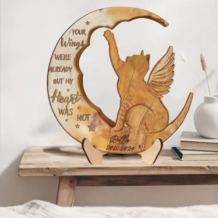 Custom Personalized Cat Moon Wooden Art - Memorial Gift Idea - Angels Don't Always Have Wings Sometimes They Have Whiskers