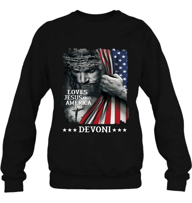 Custom Personalized Patriotic Christian T-Shirt/ Long Sleeve/ Sweatshirt/ Hoodie - Independence Day Gift - Loves Jesus and America Too