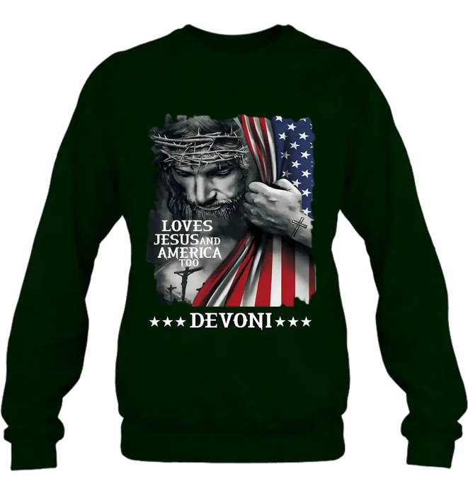 Custom Personalized Patriotic Christian T-Shirt/ Long Sleeve/ Sweatshirt/ Hoodie - Independence Day Gift - Loves Jesus and America Too