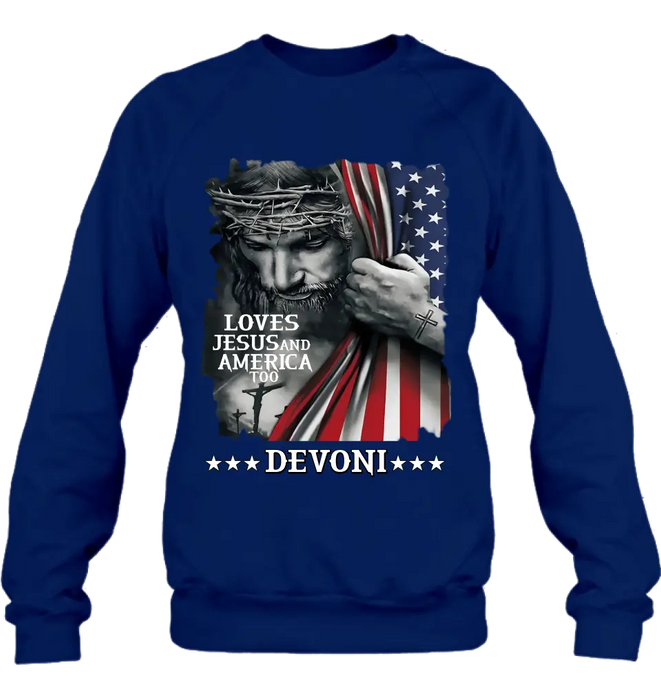 Custom Personalized Patriotic Christian T-Shirt/ Long Sleeve/ Sweatshirt/ Hoodie - Independence Day Gift - Loves Jesus and America Too