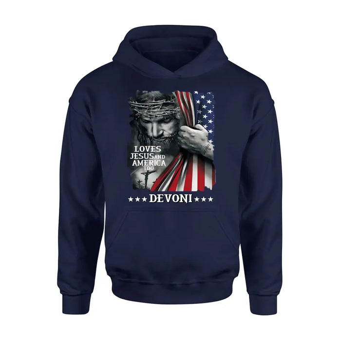 Custom Personalized Patriotic Christian T-Shirt/ Long Sleeve/ Sweatshirt/ Hoodie - Independence Day Gift - Loves Jesus and America Too