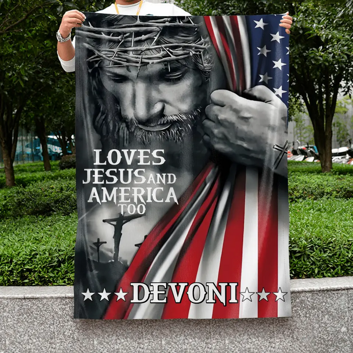 Custom Personalized Patriotic Christian Flag - Independence Day Gift - Loves Jesus and America Too