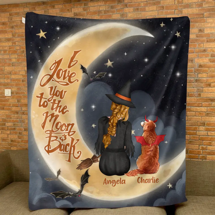 Custom Personalized Witch Dog Quilt/Fleece Throw Blanket - Gift Idea For Dog Lover -  I Love You To The Moon & Back