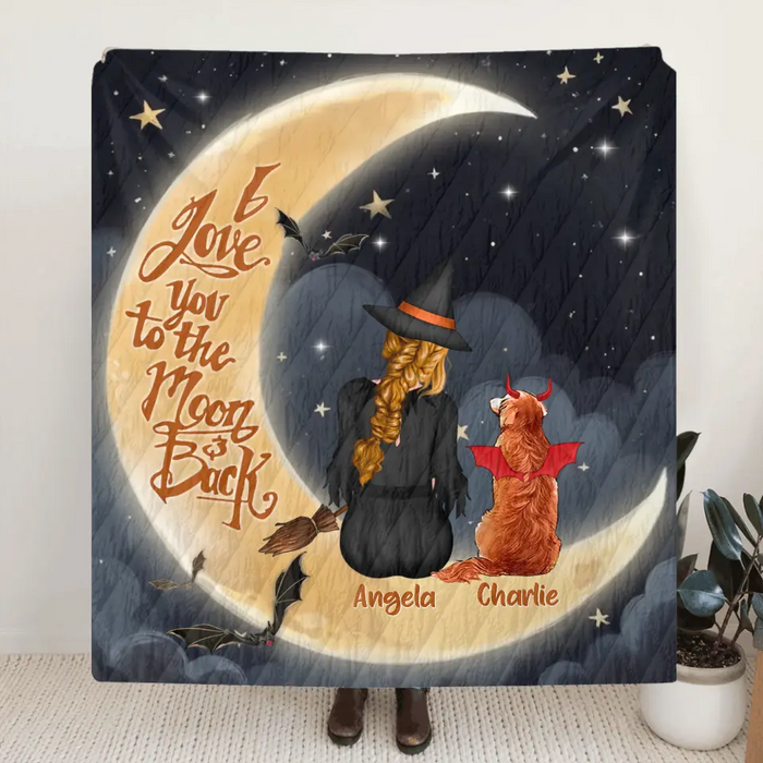 Custom Personalized Witch Dog Quilt/Fleece Throw Blanket - Gift Idea For Dog Lover -  I Love You To The Moon & Back