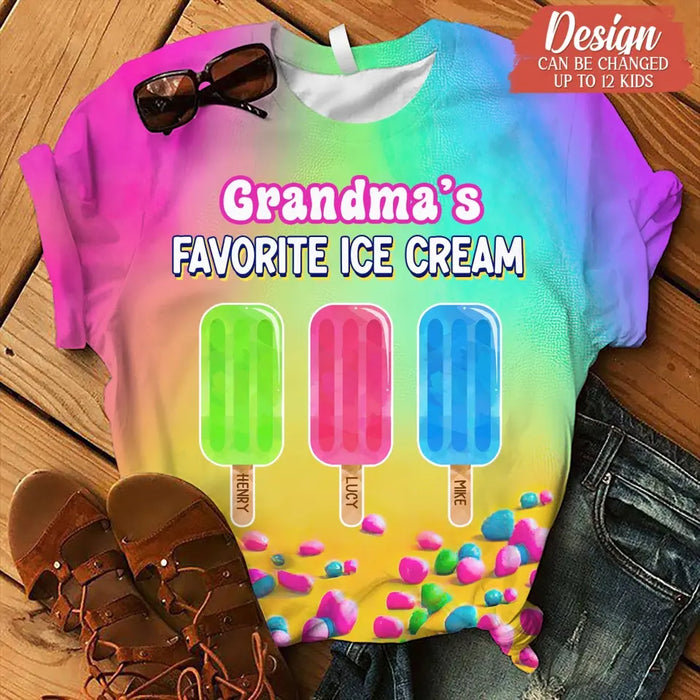 Custom Personalized Grandma's Favorite Ice Cream  AOP T-shirt - Gift Idea For Grandma/ Mother - Upto 10 Kids