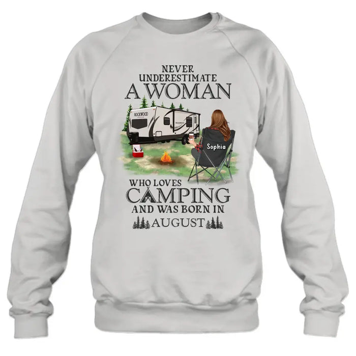 Custom Personalized Camping Shirt/ Hoodie - Gift Idea For Camping Lover - Never Underestimate A Woman Who Loves Camping And Was Born In August