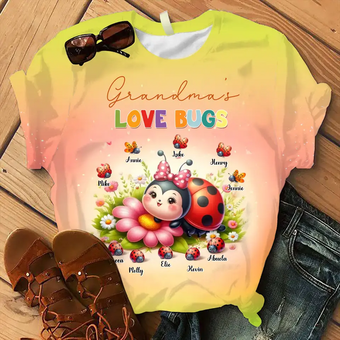 Custom Personalized Grandma AOP T-shirt - Gift Idea For Grandma/ Mother - Upto 10 Kids - Grandma's Love Bugs