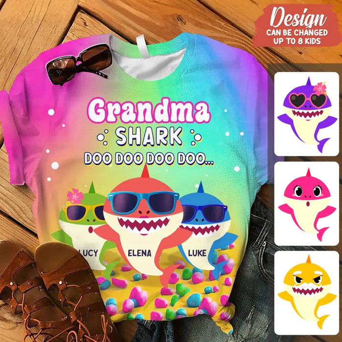 Custom Personalized Grandma Shark Doo Doo Doo AOP T-shirt - Gift Idea For Grandma/ Mother - Upto 10 Kids