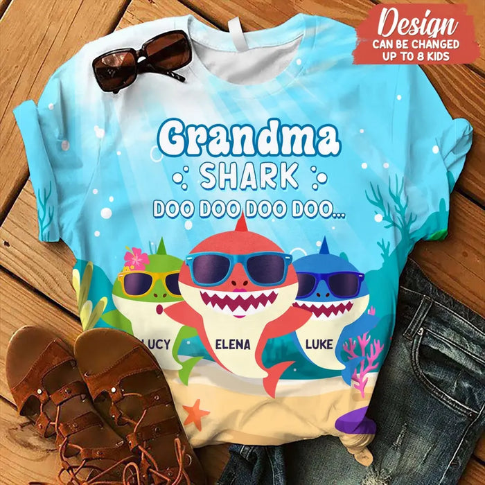 Custom Personalized Grandma Shark Doo Doo Doo AOP T-shirt - Gift Idea For Grandma/ Mother - Upto 10 Kids