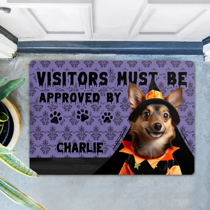 Custom Personalized Upload Photo Doormat - Halloween Gift Idea For Dog/ Cat Owner - Visitors Must Be Approved By Charlie