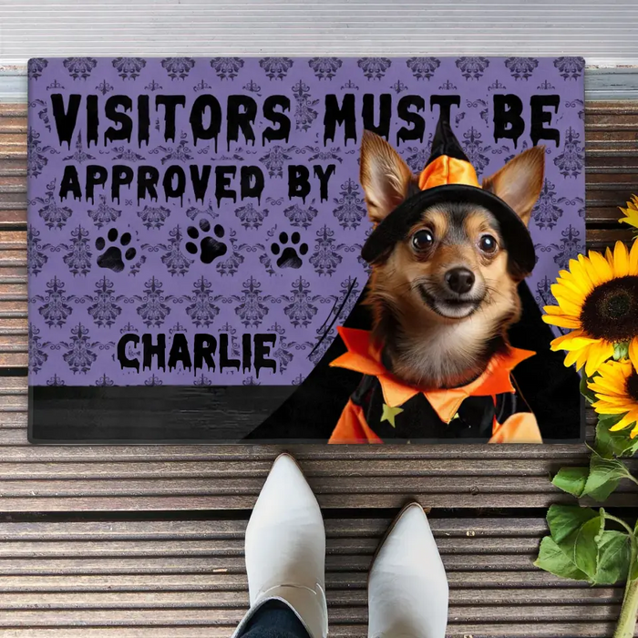 Custom Personalized Upload Photo Doormat - Halloween Gift Idea For Dog/ Cat Owner - Visitors Must Be Approved By Charlie