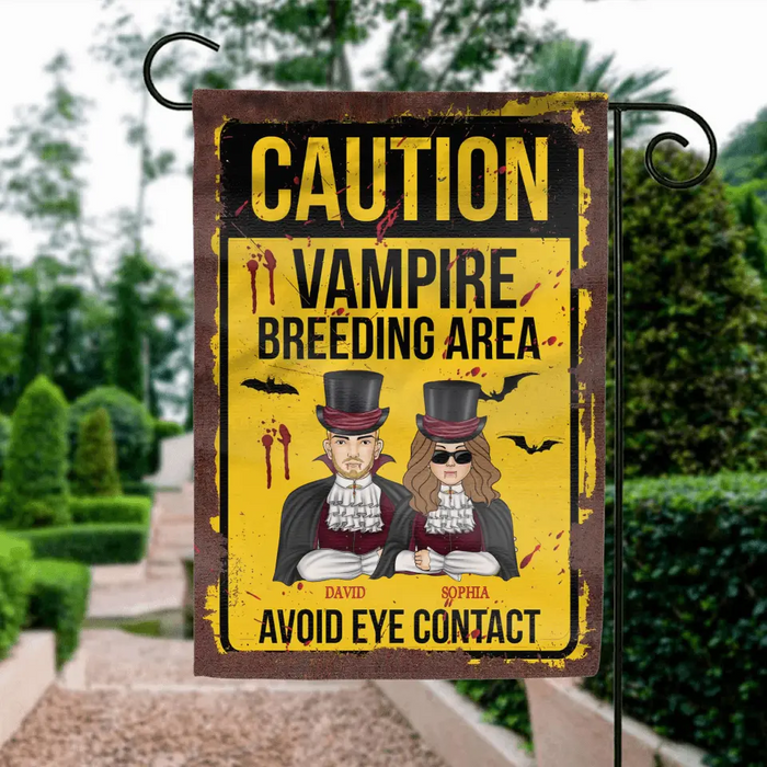 Custom Personalized Vampire Flag sign - Funny Gift Idea For Couple/ Family - Upto 2 Kids - Caution Vampire Breeding Area Avoid Eye Contact