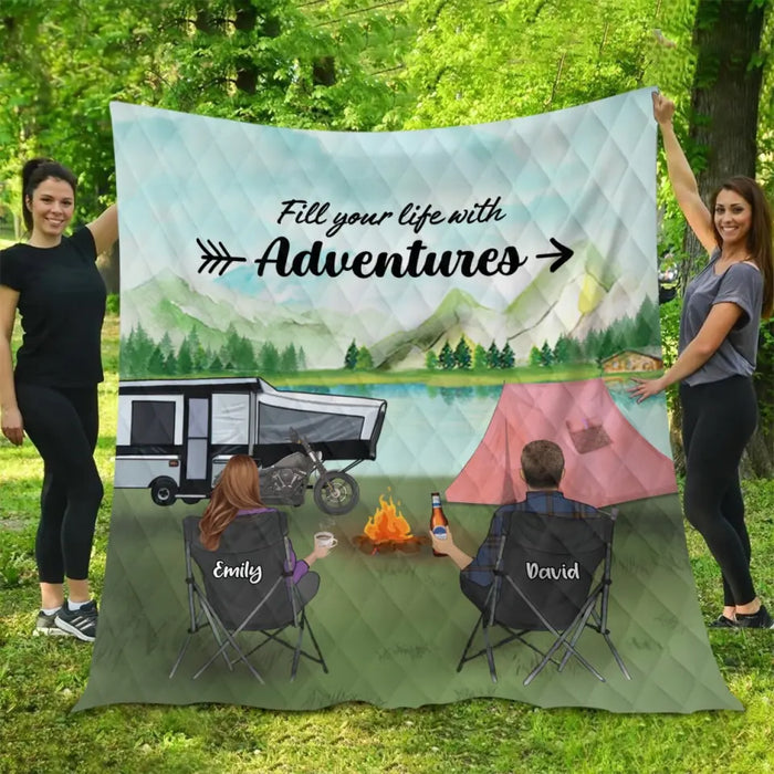 Custom Personalized Camping Quilt/ Fleece Blanket - Couple/ Parents With Upto 5 Kids And 4 Pets - Gift Idea For Camping Lover - Fill Your Life With Adventures