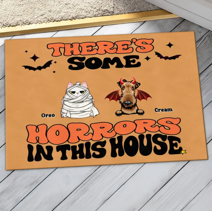 Custom Personalized Halloween Pets Doormat - Gift Idea For Family/ Pet Lover - Upto 7 Dogs/ Cats - There's Some Horrors In This House