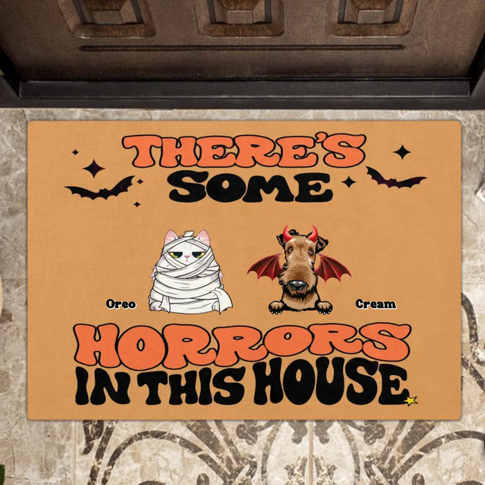 Custom Personalized Halloween Pets Doormat - Gift Idea For Family/ Pet Lover - Upto 7 Dogs/ Cats - There's Some Horrors In This House