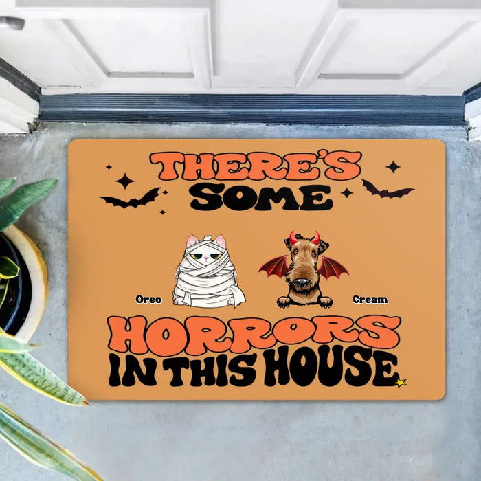 Custom Personalized Halloween Pets Doormat - Gift Idea For Family/ Pet Lover - Upto 7 Dogs/ Cats - There's Some Horrors In This House