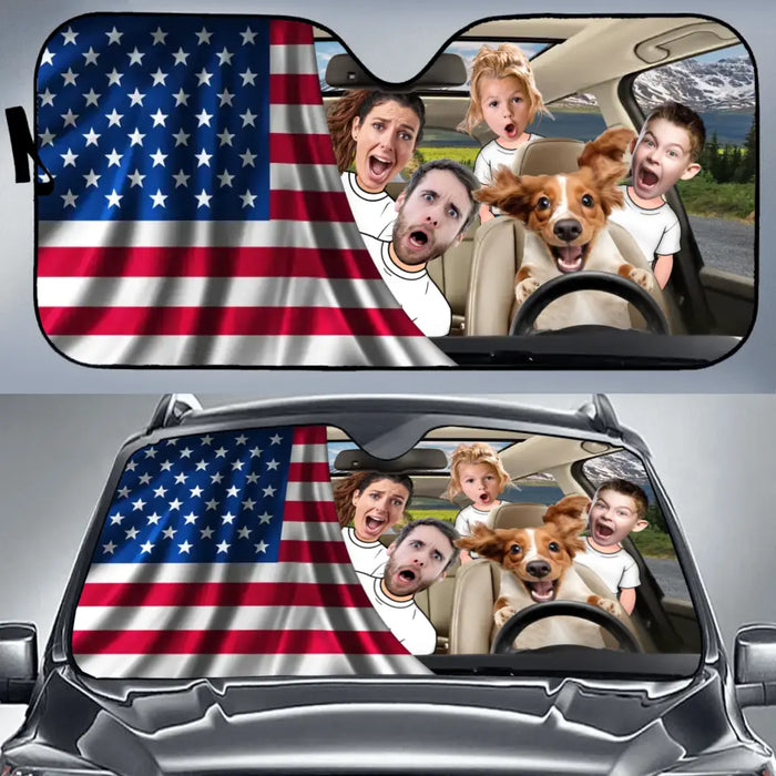 Custom Personalized Photo Dog Driving Family Trip Auto Windshield Sunshade - Couple With Kids And Dog- Gift Idea For Family/ Couple/ Dog Lover