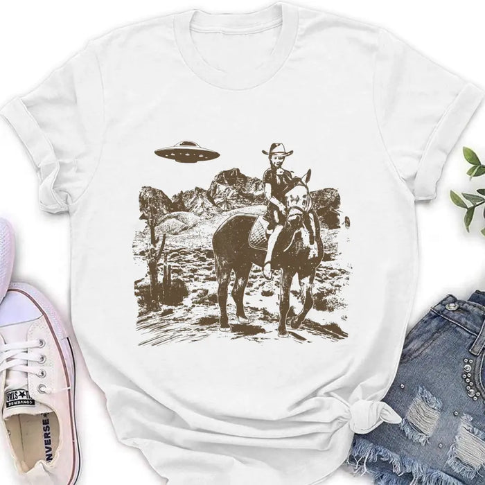 Custom Cowgirl UFO T-shirt - Upload Photo - Gift Idea To Girl Friend/ Cowgirl