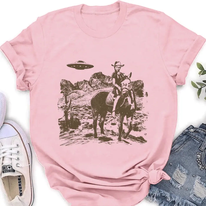 Custom Cowgirl UFO T-shirt - Upload Photo - Gift Idea To Girl Friend/ Cowgirl